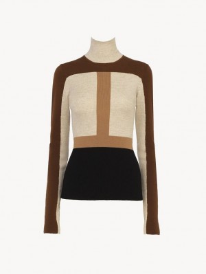 Chloe Fitted High-neck Strikkevarer Flerfarvede Brune | CHE-SR13947