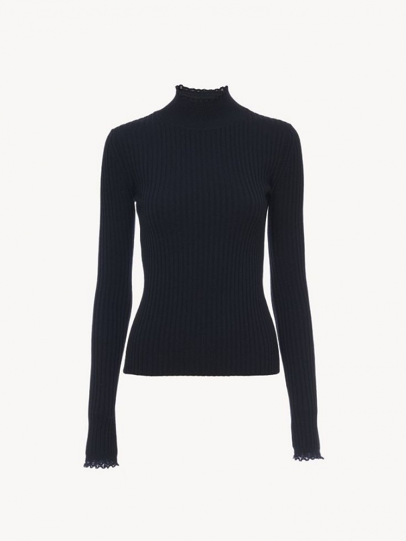 Chloe Fitted High-neck Strikkevarer Mørkeblå | CHE-SR13960